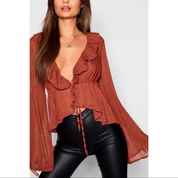 Boohoo Tie Waist Rust Color Blouse Size 8 - Picture 1 of 6